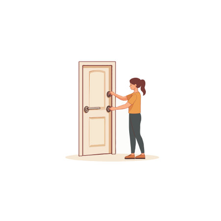 A young woman stands before an open door, her hand outstretched to grasp the handle. She is about to enter or exit, creating a sense of transition and anticipation. The scene shows a simple yetのイラスト素材