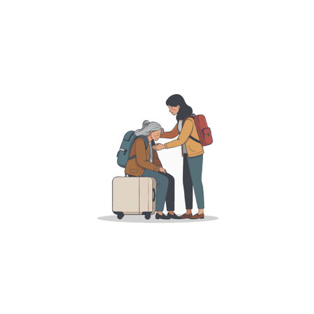 A heartwarming illustration depicts a young woman assisting a weary elderly traveler with her luggage. The tender scene evokes feelings of compassion, care, and intergenerational support during aのイラスト素材