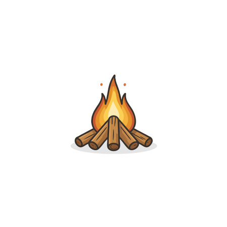 A stylized and simplified illustration of a campfire. The warm orange and yellow flames are set against simple brown logs, suggesting the heat, safety, and comforting aspect of a campfire experienceのイラスト素材