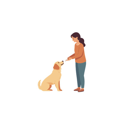 In this light illustration, a brunette woman offers a treat to her attentive golden retriever. The scene suggests a moment of training, bonding, or simply showing affection. The simple backgroundのイラスト素材
