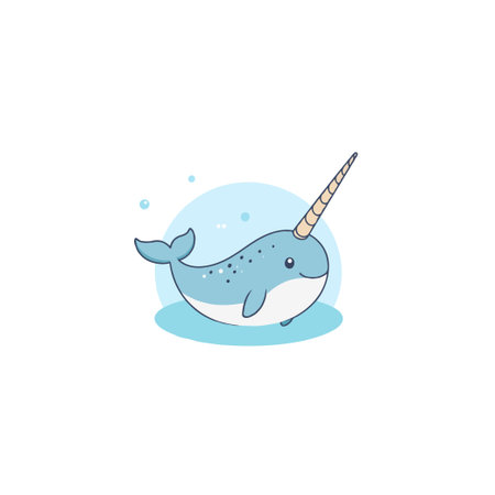 Delightful illustration featuring a charming narwhal with a whimsical design. The soft pastel colors and friendly expression create a sense of joy and wonder, perfect for a children's book orのイラスト素材