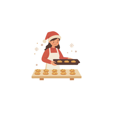 Illustration of a woman wearing a Santa hat and apron, baking Christmas cookies, and cheerfully holding a tray full of treats, ready for sharing the festive spirit with loved ones during the holidayのイラスト素材