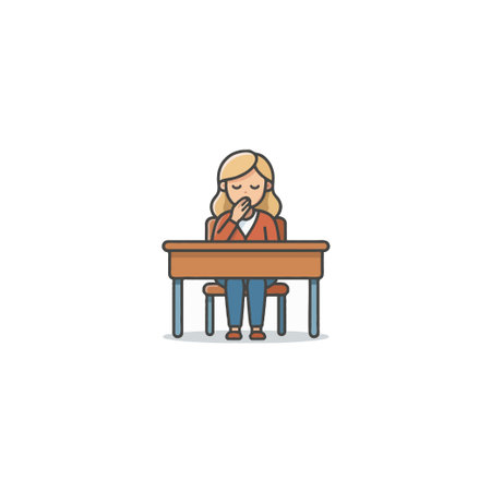 A cartoon style drawing depicts a young woman at a desk, showing her in a moment of contemplation. The simplistic design focuses on her thoughtful posture and the scene promotes themes of learning,のイラスト素材