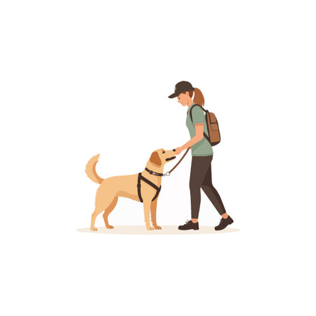 A woman in athletic wear and a backpack is walking her golden labrador retriever on a leash. They appear to be enjoying a leisurely stroll on a bright day, suggesting a loving companionship andのイラスト素材