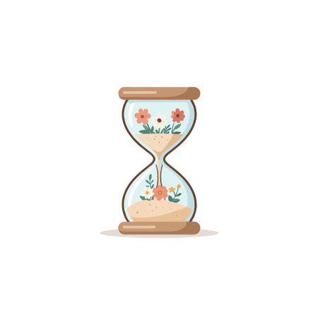 A stylized illustration shows an hourglass with flowers blooming in both chambers. The sand symbolizes the passage of time, while the flowers add a touch of delicacy and beauty, representing theのイラスト素材