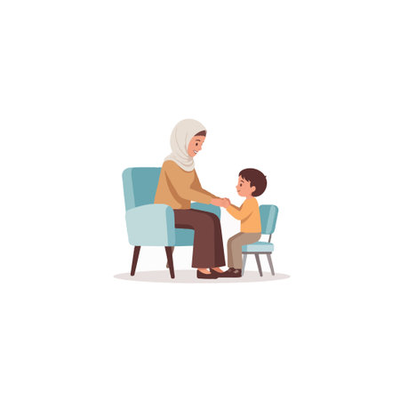 A tender illustration shows a Muslim mother, gracefully adorned in a hijab, offering gentle guidance to her son. This heartwarming scene highlights the nurturing bond between parent and child,のイラスト素材