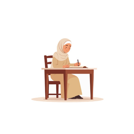 A focused young muslim woman wearing a hijab sits at a wooden desk deeply engaged in learning. She diligently writes with a pen in an open notebook, displaying concentration and commitment to herのイラスト素材