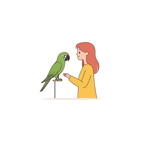 A whimsical illustration depicts a young woman with red hair gazing affectionately at a bright green parrot perched on a stand. The scene evokes feelings of friendship and wonder, highlighting theのイラスト素材