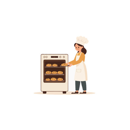 A delightful illustration portrays a young woman baker proudly presenting her freshly baked bread straight from the oven. Dressed in a pristine apron and chef's hat, the baker embodies the essenceのイラスト素材