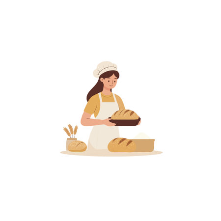 The illustration features a baker holding freshly baked bread, showcasing her skills in creating wholesome and delicious food, highlighting the simplicity and appeal of homemade goods and the joy ofのイラスト素材