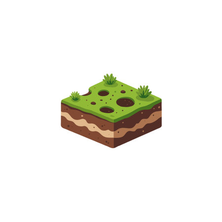 Isometric representation of a grassy terrain block featuring multiple holes that expose the underlying layers of soil, creating a visual of the earth's composition. Ideal for educational content,のイラスト素材