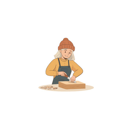 A young artisan with a knitted hat is depicted with concentration, she carefully carves wood in a small workshop, highlighting the details of her craft and creativity in a personal project. Theのイラスト素材