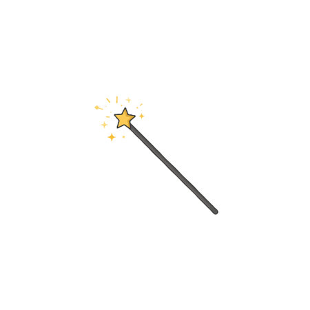 A minimalistic hand-drawn illustration showcasing a magic wand topped with a star. Radiating small golden sparkles, it evokes themes of fantasy, enchantment, and playful imagination. Perfect forのイラスト素材