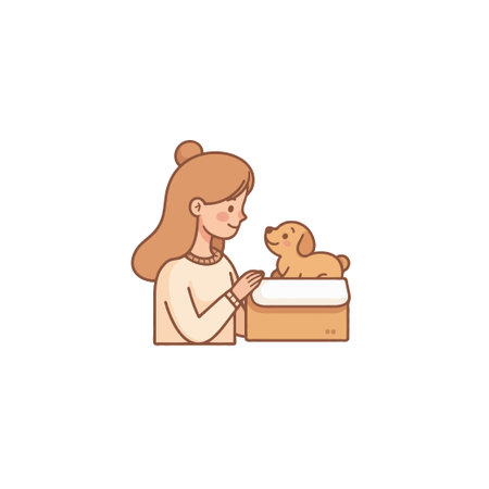 A charming illustration showcases a young girl's joy as she discovers a puppy nestled in a box. The scene emphasizes the heartwarming connection between a child and a new pet, representing themes ofのイラスト素材