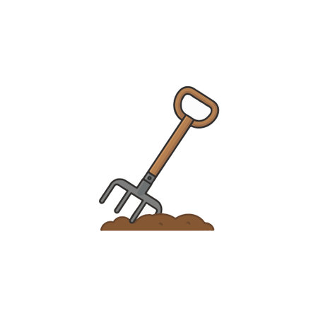 Illustration of a gardening fork plunged into loose soil, ideal for representing spring planting, horticultural activities, landscape maintenance and general agricultural work. The simple designのイラスト素材