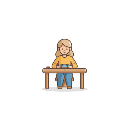A simplified cartoon style illustration depicts a woman sitting at a light wood desk, engrossed in playing a handheld video game console. The focus on her face and the serene nature of the sceneのイラスト素材