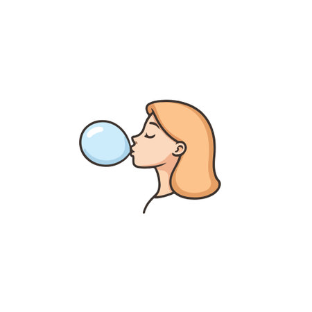 An adorable cartoon of a blonde girl blowing bubblegum, resulting in a large blue sphere. The simple illustration exudes a feeling of carefree leisure, expressing happiness, childish innocence, andのイラスト素材
