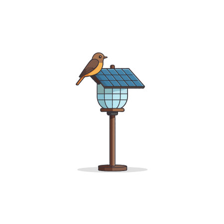 A charming vector illustration portrays a small brown bird confidently perched atop a solar-powered outdoor light fixture. The scene emphasizes sustainability and the harmonious intersection ofのイラスト素材