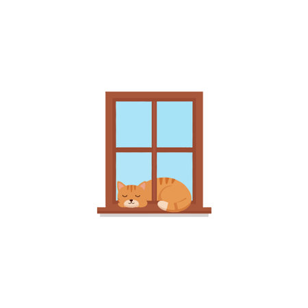 An adorable orange tabby kitten is curled up, peacefully sleeping near a window pane. Bathed in soft sunlight, the domestic feline enjoys a moment of tranquility and cozy relaxation indoors. Theのイラスト素材