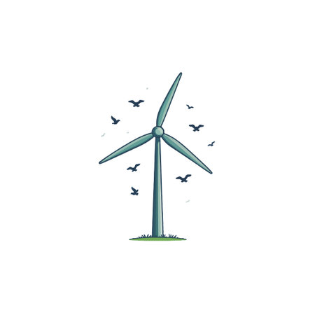 Illustration of a wind turbine symbolizing sustainable energy and environmental consciousness. This image depicts a clean power alternative with birds peacefully flying around. Represents renewableのイラスト素材