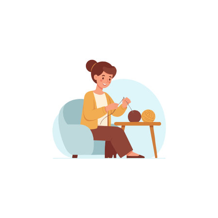 A woman enjoys the quiet and rewarding activity of knitting, finding relaxation and fulfillment in this traditional craft. Seated in a comfortable chair, she skillfully maneuvers the knittingのイラスト素材