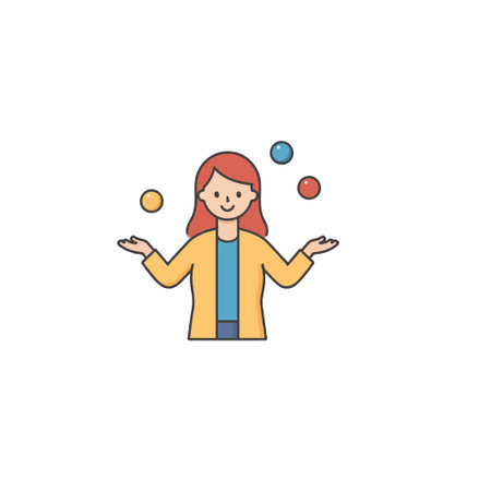 This simple cartoon illustration features a woman cheerfully juggling colorful spheres, representing the concept of multitasking, skill, and maintaining balance. Her playful expression suggestsのイラスト素材