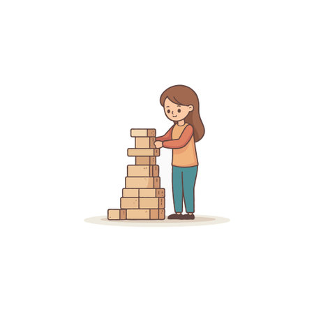 A charming illustration portrays a young girl diligently stacking wooden blocks, showcasing her focus and creativity. This simple yet engaging scene symbolizes the joy of childhood, learning throughのイラスト素材