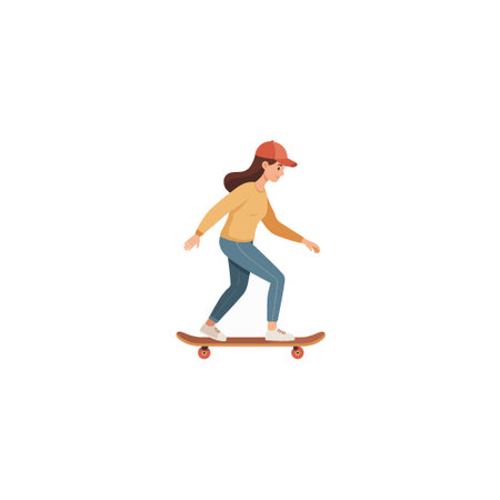 An energetic depiction of a young woman skateboarding with confidence, captured in a minimalist style. This illustration embodies the spirit of youth culture and the joy of active pursuits,のイラスト素材