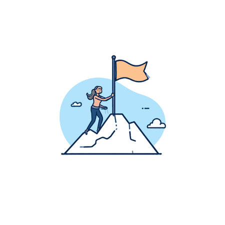 A determined woman stands on a mountain peak, planting a flag to represent her successful endeavor. She is conquering professional obstacles, achieving victory through focused effort, symbolizingのイラスト素材
