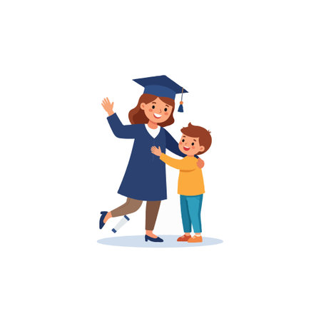 A joyful illustration captures a graduate's special day, with a sweet embrace from a younger sibling. The scene radiates warmth, celebrating academic achievement and the importance of familyのイラスト素材