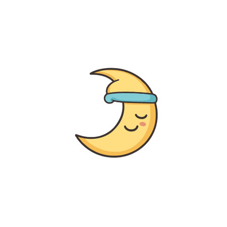A charming cartoon illustration displays a sleepy crescent moon wearing a blue headband against a white backdrop. The moon has eyes closed, expressing a state of peaceful slumber, making this imageのイラスト素材