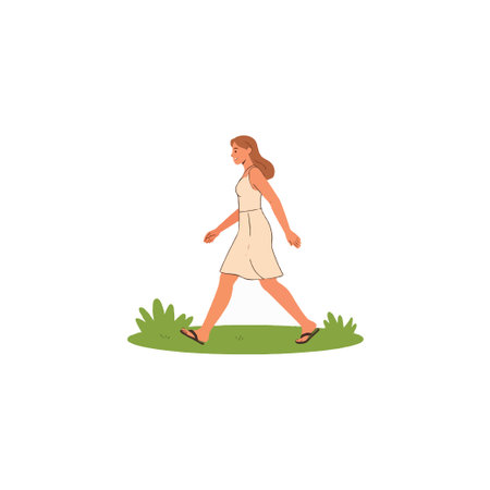 A woman is depicted walking in a meadow, she seems to be enjoying a leisurely stroll through lush greenery, highlighting a serene escape into nature, she walking on path, and expressing feelings ofのイラスト素材