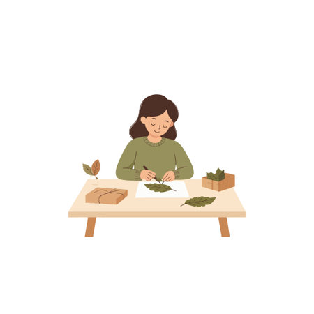 A young woman sits at a light wood table, carefully crafting botanical art. She is drawing on a leaf with a pen, surrounded by nature-inspired materials like leaves, a box and a package. This indoorのイラスト素材