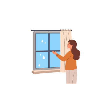 A woman stands near a window on a rainy day, her hand extended as if to feel the droplets on the glass. The scene evokes a sense of introspection and quiet contemplation, suggesting the beauty ofのイラスト素材