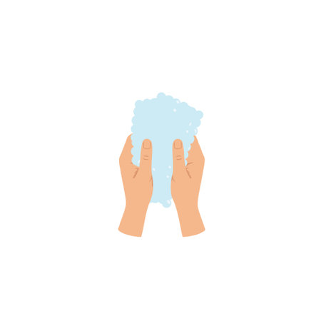 The illustration showcases two hands gently supporting a textured, light blue material reminiscent of foam. It invokes ideas of cleanliness, hygiene, and a refreshing encounter, evoking associationsのイラスト素材