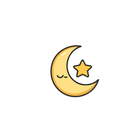 A charming illustration featuring a crescent moon with a gently sleeping face, complemented by a radiant star. The calming yellow hues and minimalist design evoke a sense of peacefulness, perfectのイラスト素材