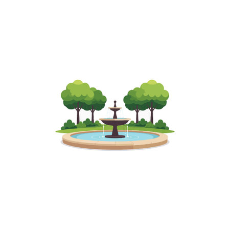 A delightful illustration showcases a tiered fountain gracefully positioned between lush trees. The scene exudes tranquility, ideal for promoting relaxation and appreciation for nature's beauty inのイラスト素材