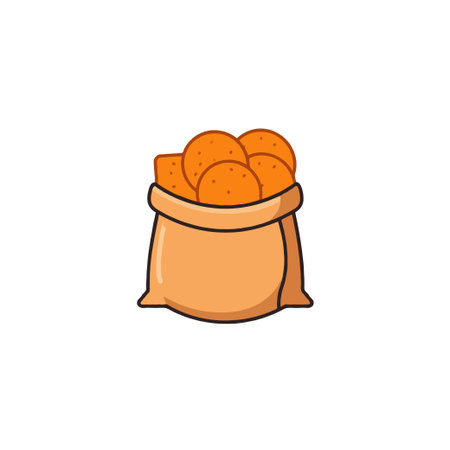 A delightful cartoon illustration displaying a tan burlap sack overflowing with bright orange citrus fruits. This image suggests a bountiful harvest and the wholesome goodness of fresh, ripeのイラスト素材