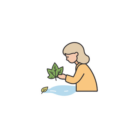A minimalistic illustration showcasing a person observing fallen leaves in a puddle, radiating a quiet sense of autumnal peace and natural beauty. The design emphasizes tranquility and connection toのイラスト素材