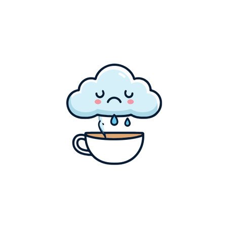 This adorable illustration features a sad cloud crying raindrops into a steaming cup of coffee, presenting a simple yet emotionally charged image suitable for conveying sentiments such asのイラスト素材