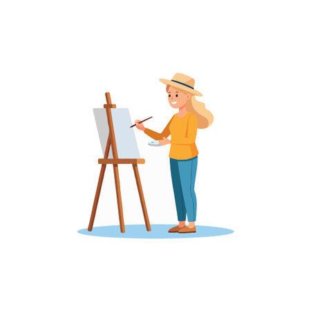 A female artist is seen in a flat vector illustration, poised before her easel. She's actively engaged in creating art, adding color and form to a blank canvas with brush in hand, expressing herのイラスト素材