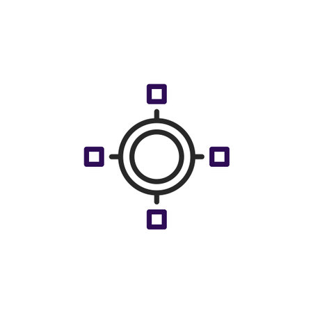 A minimalist illustration featuring a central circle linked to four radiating squares. The design symbolizes connection, networking, and digital integration, representing a modern and tech-forwardのイラスト素材