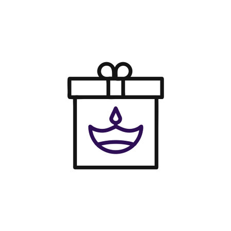A simple yet evocative illustration of a gift box featuring a diya emblem, symbolizing the essence of festivals and the spiritual significance of light during celebratory occasions. Perfect forのイラスト素材
