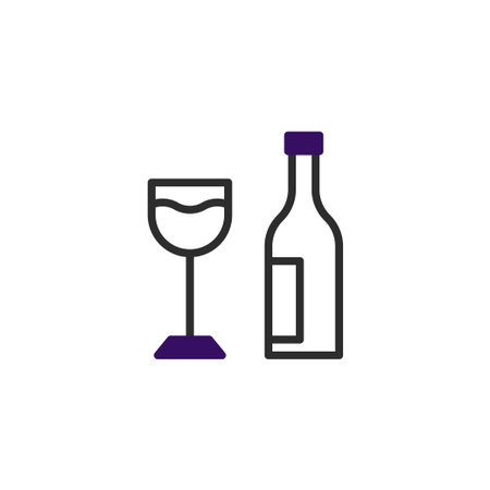A sleek depiction of a wine glass and bottle in a minimalist style, conveying refinement and leisure. The iconic representation is suitable for wine-related branding or marketing that embracesのイラスト素材