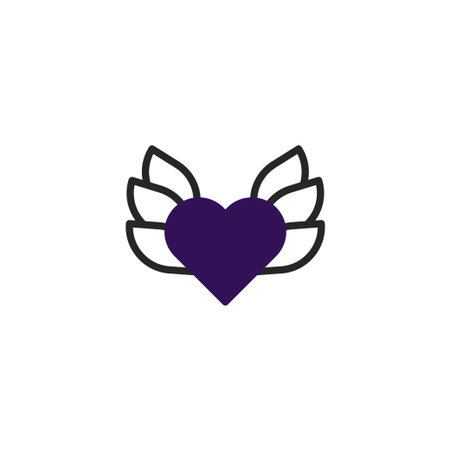 A simple vector illustration depicting a purple heart with wing-like elements extending from either side. The design conveys a sense of love, freedom, and ethereal beauty. Ideal for various purposesのイラスト素材