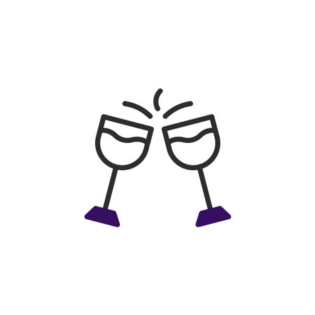 A simplistic illustration of two wine glasses toasting, rendered in a minimalist style with bold outlines and purple accents. This cheerful graphic captures the essence of celebratory moments,のイラスト素材
