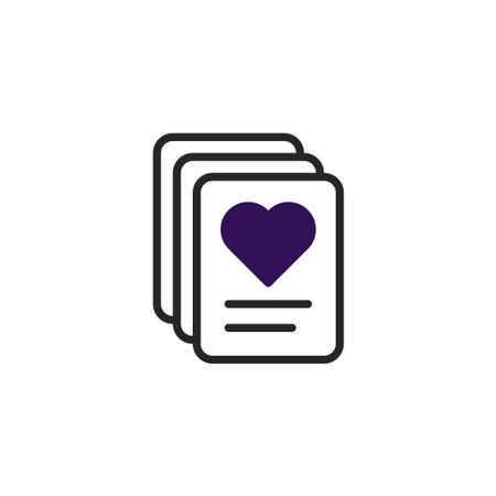 A minimal love card icon showcases a simple heart shape on stacked templates, suggesting affection, message, greeting, invitation, valentines, and romance. This graphic representation could conveyのイラスト素材