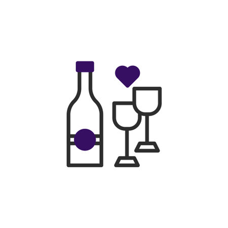 A minimalist illustration featuring a wine bottle, two glasses, and a heart. It represents celebration, love, or a special occasion, perfect for branding, event invitations, or romantic gestures,のイラスト素材