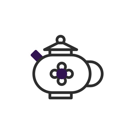 A simple yet evocative teapot symbol, rendered with bold outlines and a delicate floral emblem. This image embodies tranquility and the ritual of tea time, perfect for applications that seek a touchのイラスト素材