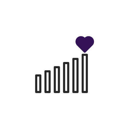 Simple illustration of upward trending bars capped by a heart symbol. Conveys notions of increasing success, positive data analysis, and improvements in well being. Ideal for visualizing growth inのイラスト素材